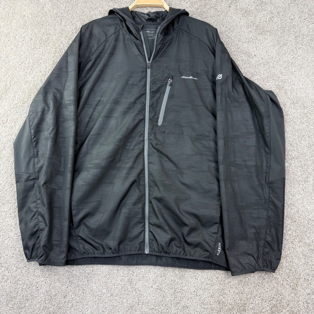 Eddie Bauer Motion Jacket Mens 2XL Black Geometric Print Gorpcore Flexion Hooded